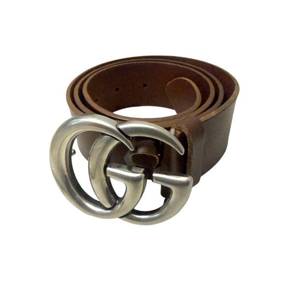 Gucci Brown Leather Belt with Dual Silver G Buckle and Dust Bag